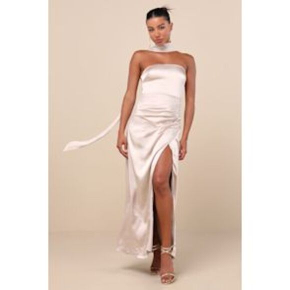 Lulus Dresses & Skirts - Lulus Women Maritza Satin Sash Tulip Maxi Dress Champagne Basic Sleeved Large